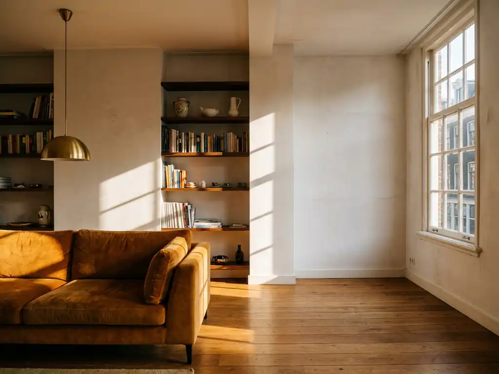 Amsterdamse grachtenhuiskamer half ingericht met fluwelen bank en boekenkasten, andere helft leeg met witte muren in warm middaglicht.