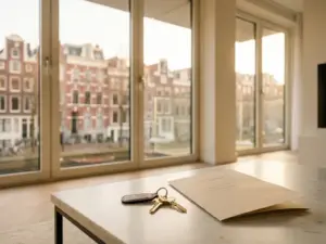 Glanzende huissleutels op wit marmeren oppervlak naast opgevouwen koopakte, met uitzicht op Amsterdamse grachtenpanden door vloer-tot-plafond ramen.