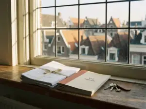 Officiële vastgoeddocumenten en VvE-agenda op een Amsterdams vensterbank, sleutels ernaast, Amsterdamse daklandschap op achtergrond.