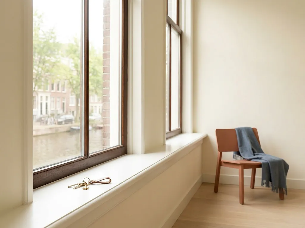 Polished house keys on a white windowsill in an Amsterdam canal apartment, with brick facades and water visible through tall Dutch windows.