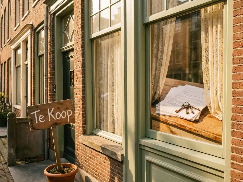 Amsterdams grachtenpand te koop met hypotheekdocumenten en sleutels op vensterbank, terracotta gevel en salie groene kozijnen.