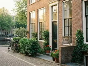Amsterdams grachtenpand met terracotta bakstenen, grote ramen en een 'te koop'-bord bij de ingang in warm middagzonlicht.