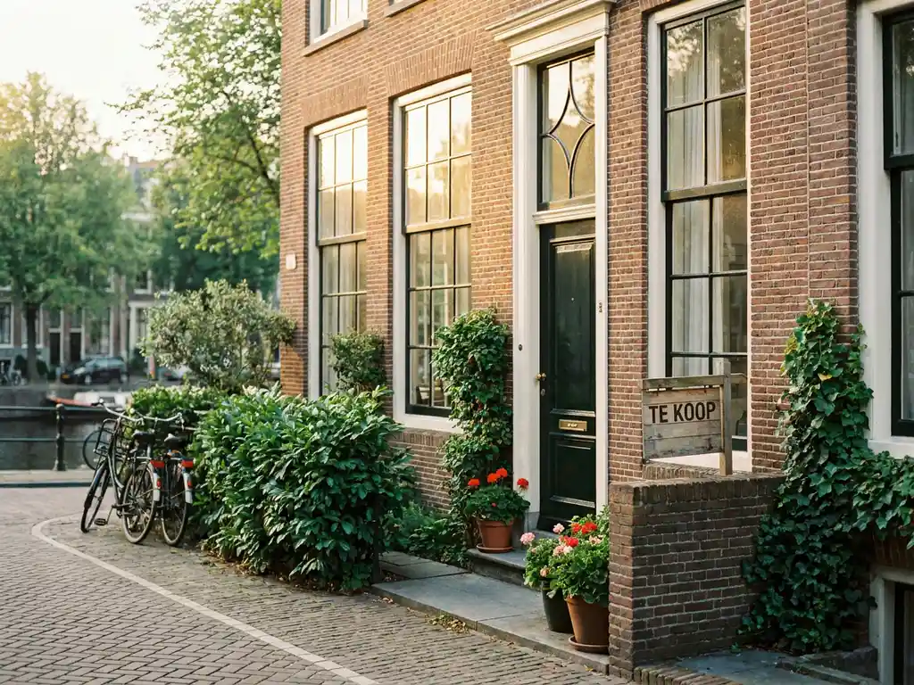 Amsterdams grachtenpand met terracotta bakstenen, grote ramen en een 'te koop'-bord bij de ingang in warm middagzonlicht.