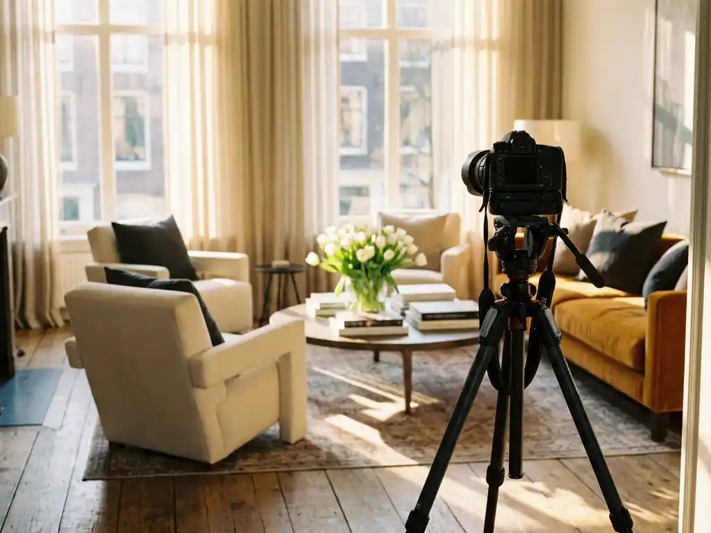 Professionele camera op statief fotografeert lichte Amsterdamse grachtenpandwoonkamer met witte tulpen en gouden middaglicht.