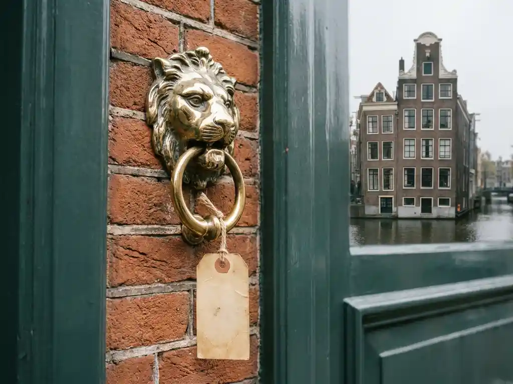 Glanzende messing deurklopper met reflectie van een Amsterdams grachtenpand, leeg prijskaartje eraan hangend, terracotta bakstenen gevel op de achtergrond.
