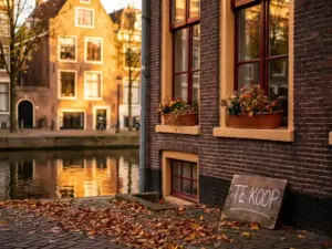 Amsterdams grachtenpand te koop in gouden avondlicht, met herfstbladeren op kasseien en wazige gracht op achtergrond.