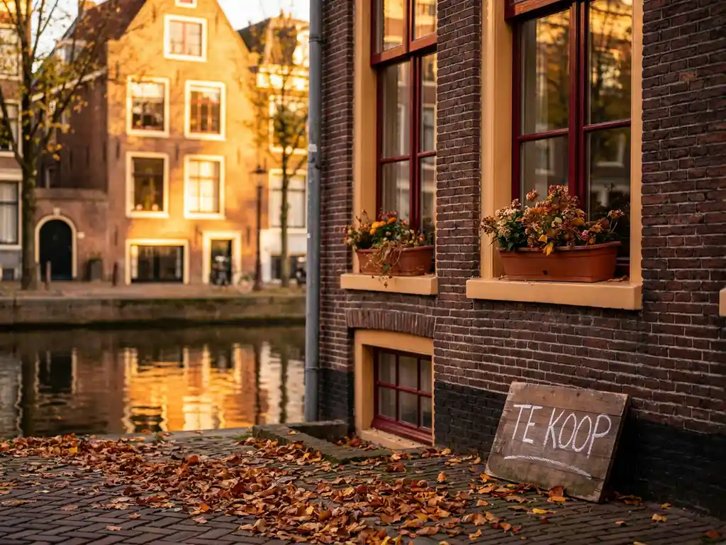 Amsterdams grachtenpand te koop in gouden avondlicht, met herfstbladeren op kasseien en wazige gracht op achtergrond.