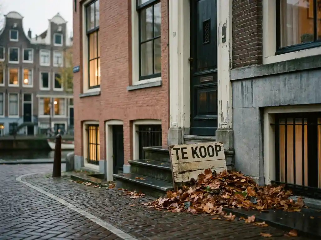 Amsterdams grachtenpand te koop met herfstbladeren op de stoep, omringd door verlichte buurhuizen op een bewolkte dag.