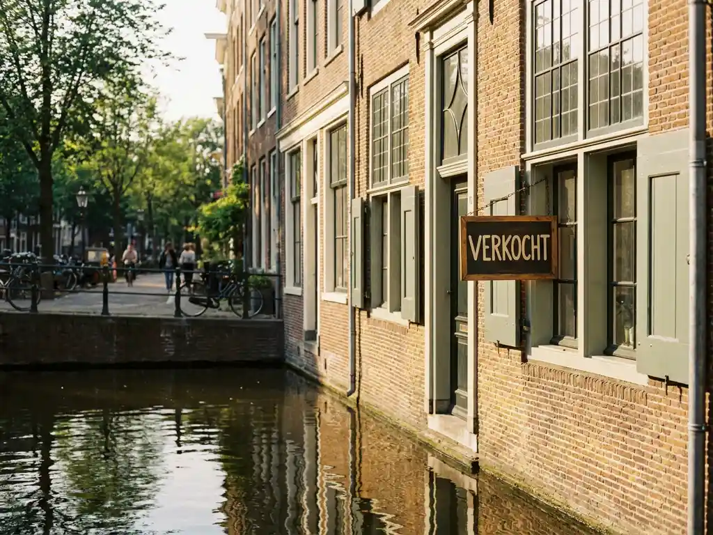 Verkocht Amsterdams grachtenpand met oranje bakstenen gevel, reflectie in het water en gouden middaglicht.