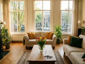 Lichte woonkamer in Amsterdams grachtenpand met tulpen, parketvloer en uitzicht op gracht tijdens bezichtiging.