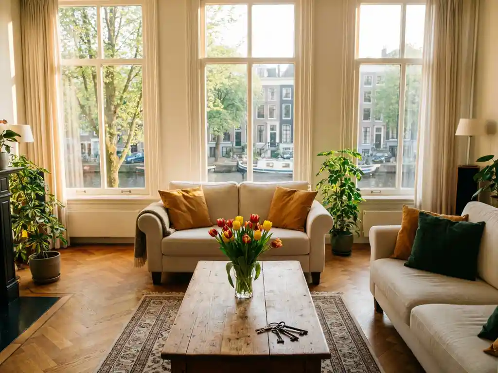 Lichte woonkamer in Amsterdams grachtenpand met tulpen, parketvloer en uitzicht op gracht tijdens bezichtiging.