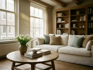 Woonkamer in Amsterdams grachtenpand met witte tulpen in keramieken vaas, linnen kussens en warme eikentonen in middaglicht.