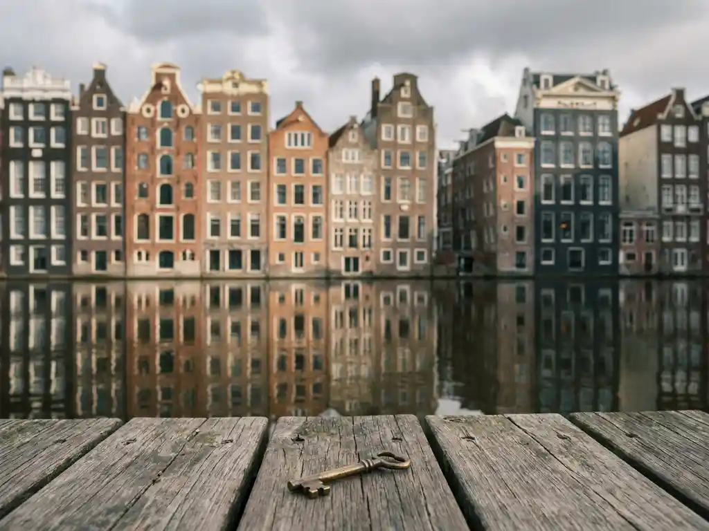 Messing huissleutel op houten steiger met Amsterdamse grachtenpanden en geveltoppen weerspiegeld in stil water.