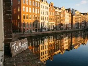 Amsterdamse grachtenpanden met terracotta gevels weerspiegeld in het water, met een houten "Te Koop"-bord op een bakstenen vensterbank.