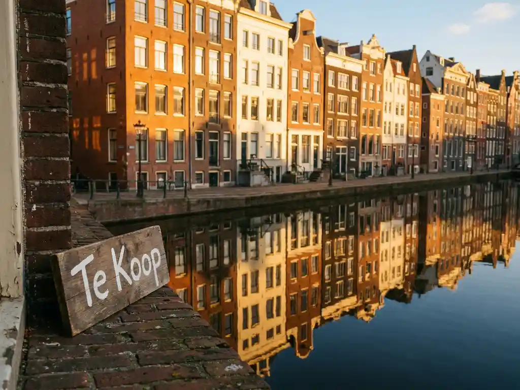 Amsterdamse grachtenpanden met terracotta gevels weerspiegeld in het water, met een houten "Te Koop"-bord op een bakstenen vensterbank.