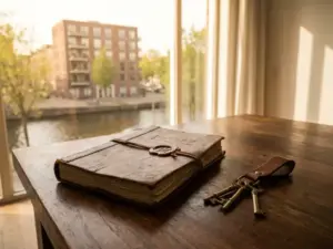 Notariële akte en appartementsleutels op houten tafel, met Amsterdams grachtenpand zichtbaar door zonnig raam op de achtergrond.