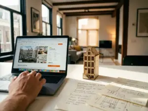 Hand boven laptop met woningaanbod, miniatuur Amsterdams grachtenpand en waarderings­notities op wit bureau.