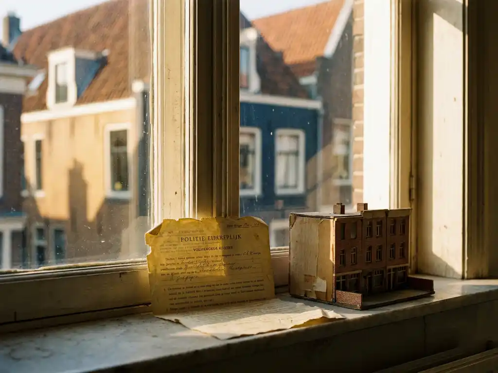 Verouderd Nederlands beleidsdocument op een zonnig vensterbank naast een architectuurmodel, met Amsterdamse grachtenpanden op de achtergrond.