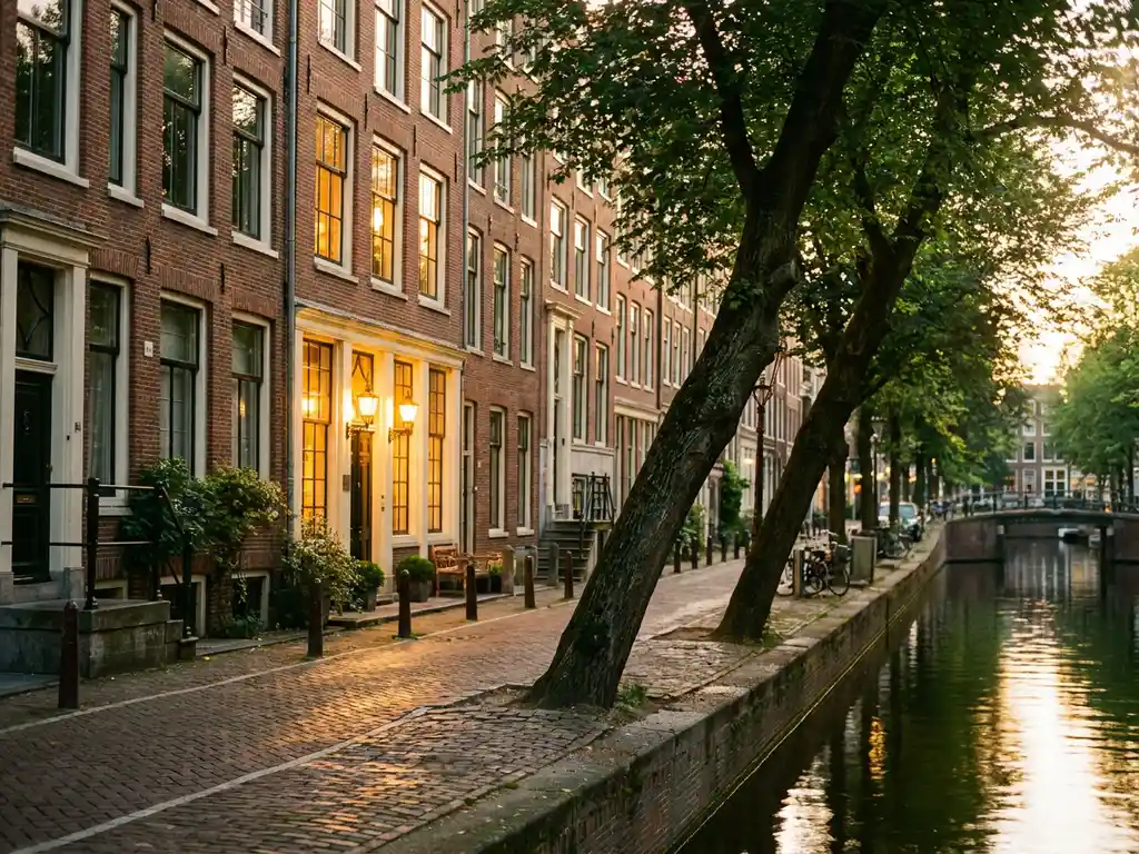 Verlichte Amsterdamse grachtenwoning met terracotta bakstenen gevel, goudgeel licht op kinderkopjes, omgeven door bomen en klassieke Hollandse architectuur.