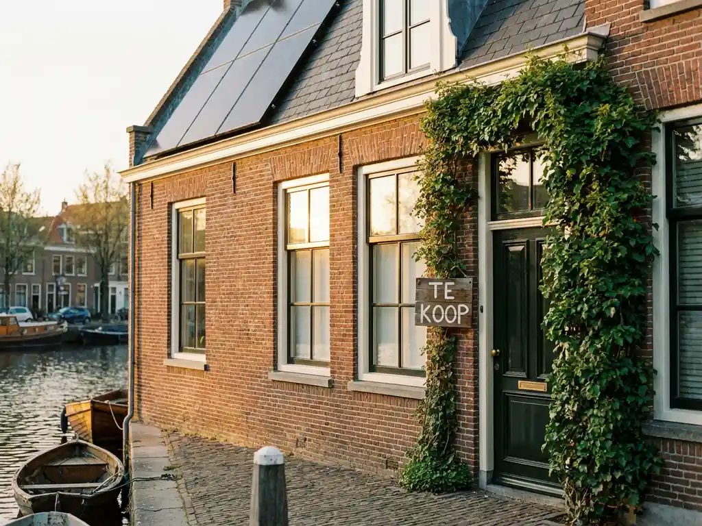 Gerenoveerde Amsterdamse grachtenpand met dubbele beglazing, zonnepanelen op het dak en klimop rond de ingang, te koop.