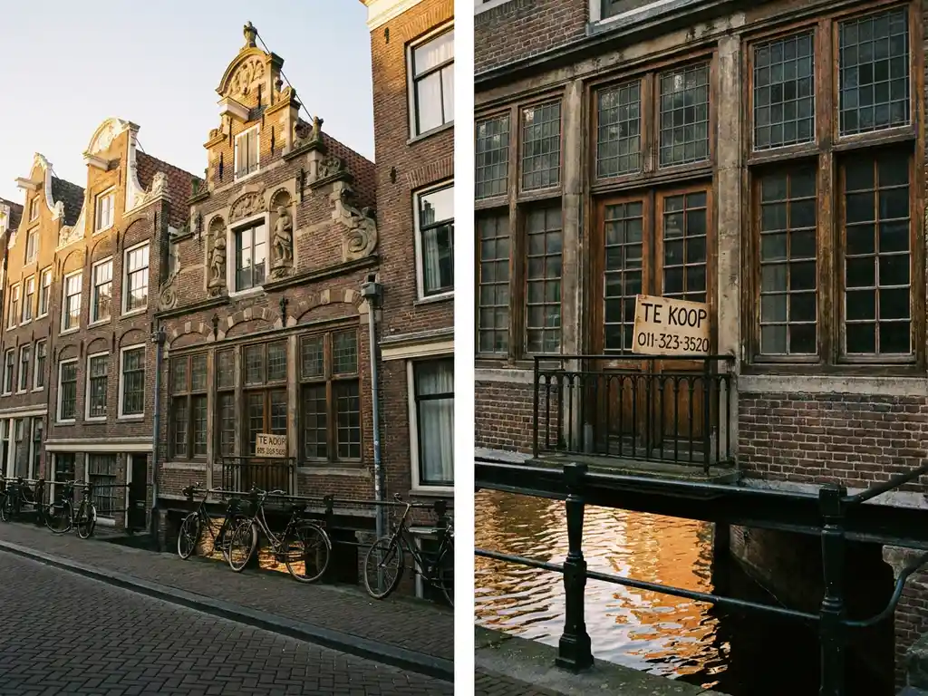 Historisch Amsterdams grachtenpand met versierde trapgevel en 'Te Koop'-bord tegen smeedijzeren hekwerk, gouden middaglicht op het water.