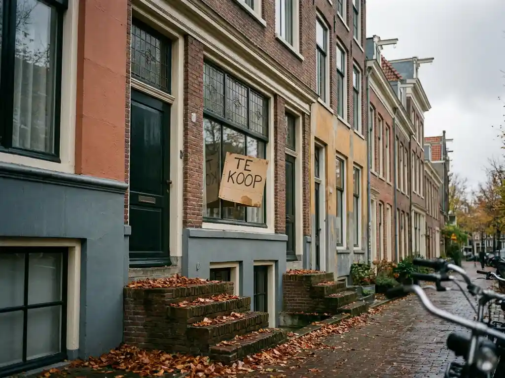 Amsterdams grachtenpand met schuin geplaatst Te Koop-bord in raam, herfstbladeren op bakstenen stoep, bewolkte lucht.