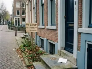 Te koop-bord voor Amsterdams grachtenpand met euromunten en hypotheekdocument op de drempel, bewolkt daglicht.