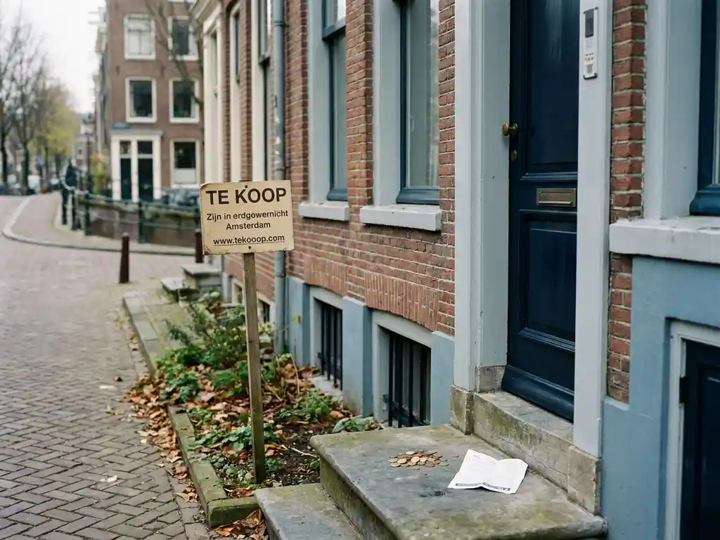 Te koop-bord voor Amsterdams grachtenpand met euromunten en hypotheekdocument op de drempel, bewolkt daglicht.