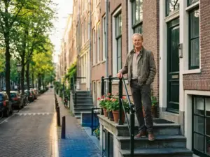 Trotse huiseigenaar voor een karakteristiek Amsterdams grachtenpand, omgeven door groene bomen en gouden middaglicht op het water.