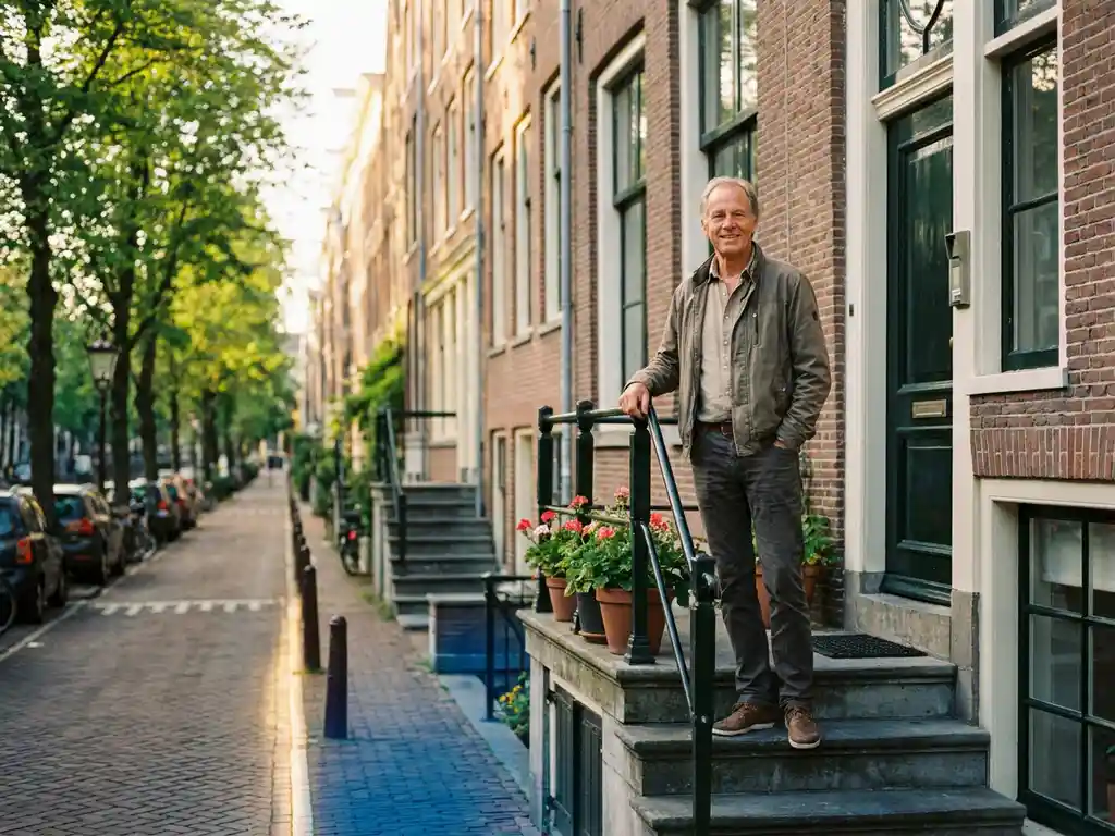 Trotse huiseigenaar voor een karakteristiek Amsterdams grachtenpand, omgeven door groene bomen en gouden middaglicht op het water.