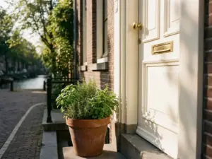 Witte voordeur met messing handvat op Amsterdams grachtenpand, omlijst door terracotta pot met verse kruiden in middagzon.