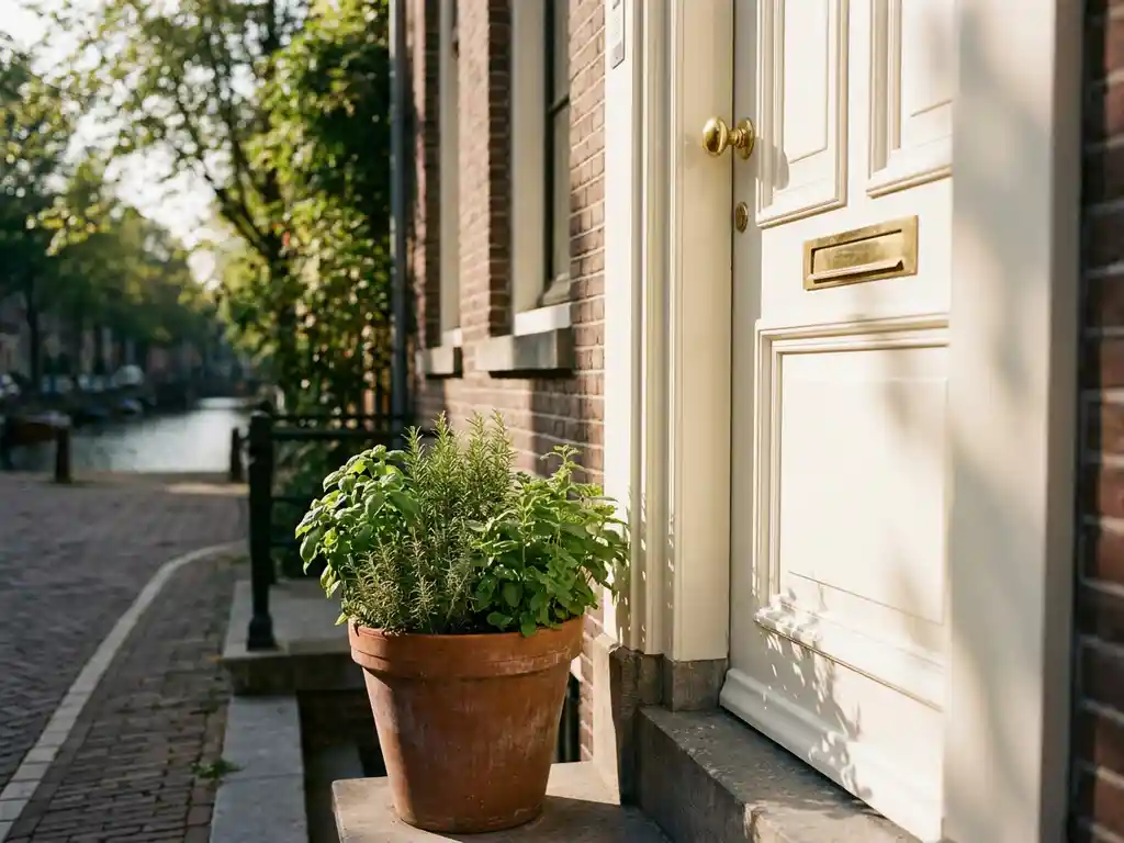 Witte voordeur met messing handvat op Amsterdams grachtenpand, omlijst door terracotta pot met verse kruiden in middagzon.
