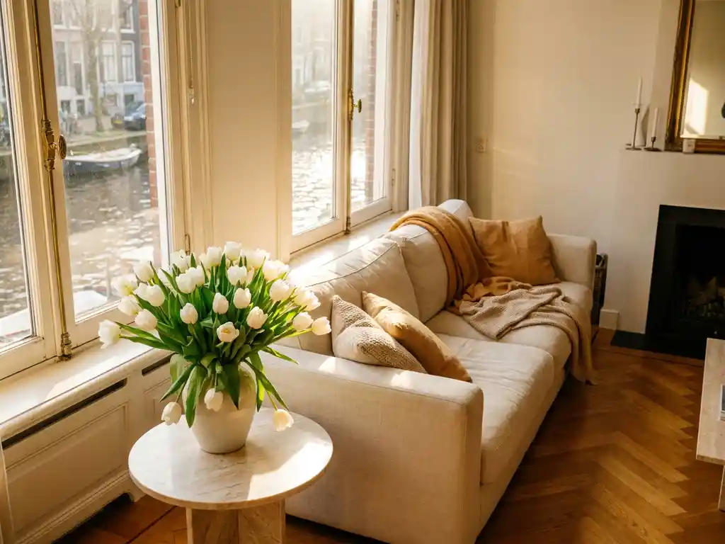 Witte tulpen op een marmeren bijzettafel in een Amsterdamse grachtenpandwoonkamer met visgraatparket en hoog raam met grachtzicht.