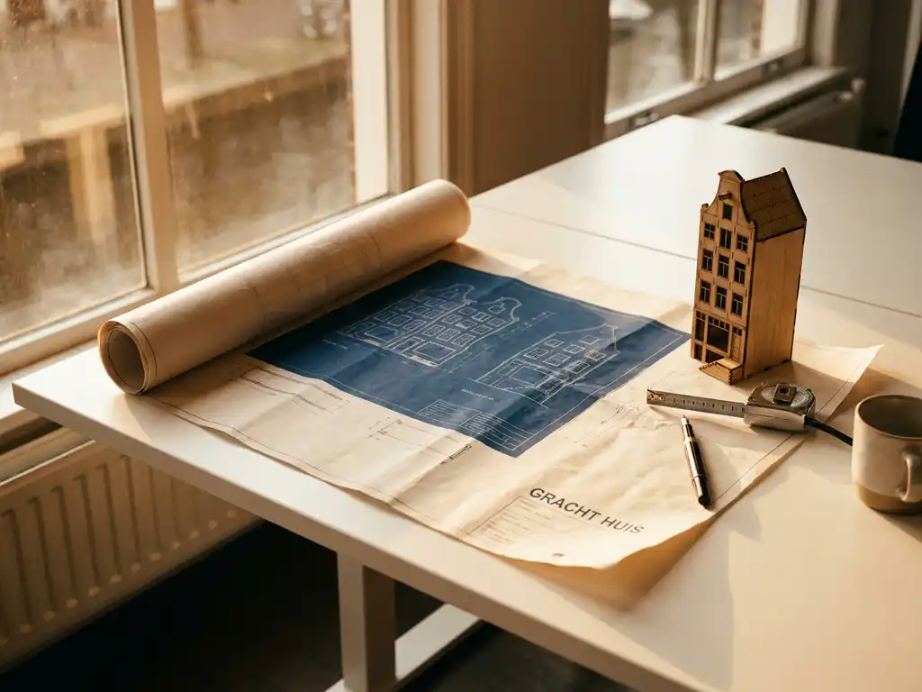 Architectonische plattegrond op wit bureau naast een miniatuur Amsterdams grachtenpand, meetlint en pen in warm middaglicht.