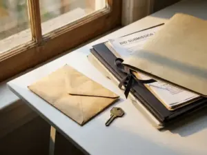Verzegelde envelop en huissleutel naast gestapelde biedingsdocumenten op wit bureau, warm Amsterdams kanaallicht.