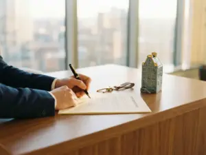 Hand die een formeel bod ondertekent op modern bureau, met huissleutels en miniatuur Amsterdams grachtenpand in warm natuurlijk licht.