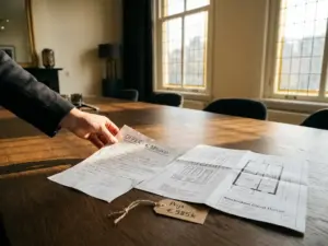 Makelaar schuift handgeschreven bod over houten tafel naast plattegrond van Amsterdams grachtenpand, warm interieurlicht.