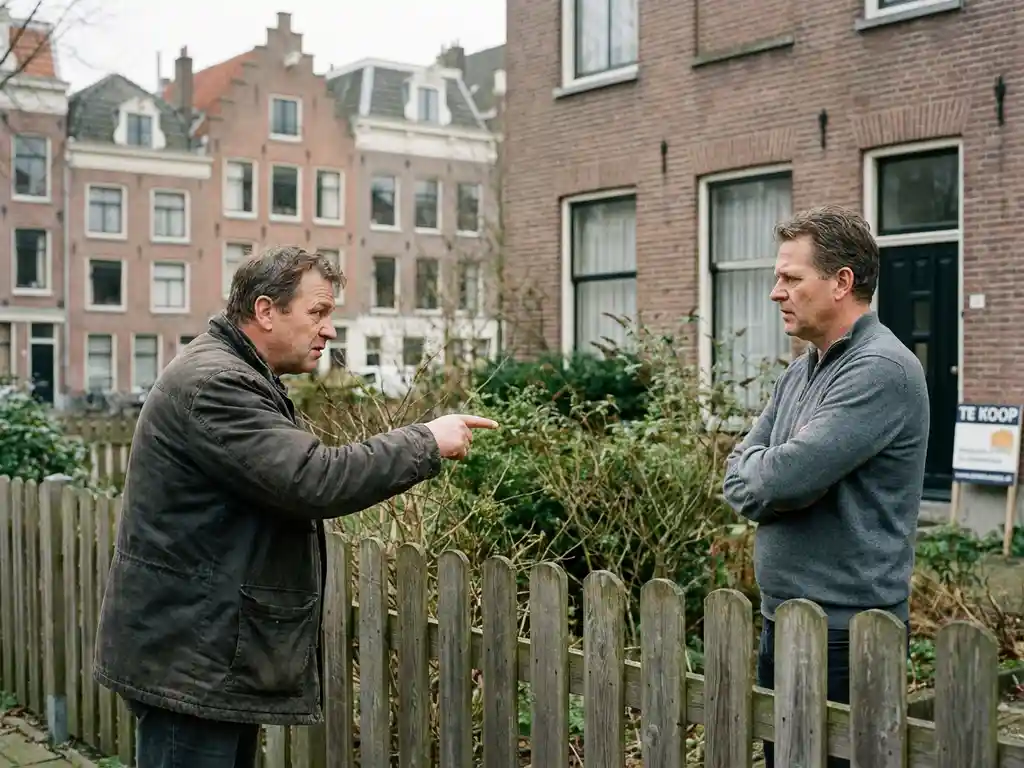 Twee buren in gespannen discussie bij een tuinhek, met een Amsterdams grachtenpand en Te Koop-bord op de achtergrond.