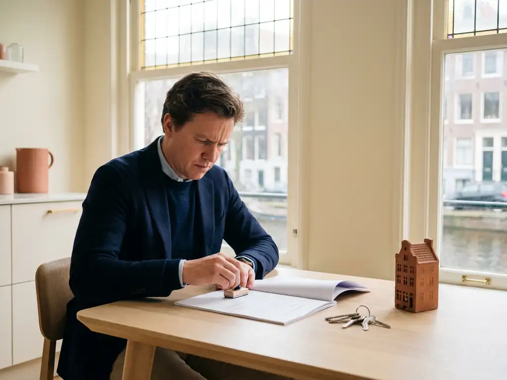 Huiseigenaar bestudeert juridisch document aan keukentafel met sleutels en schaalmodel, warm licht door Amsterdamse grachtenhuisramen.