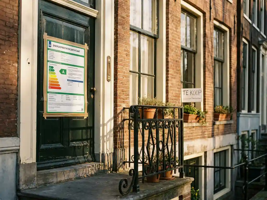 Energielabel certificaat op de voordeur van een Amsterdams grachtenpand met terracotta gevel en te koop bord.