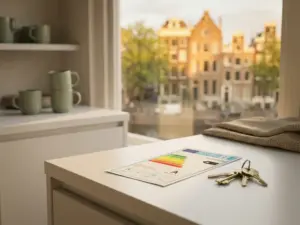 Energielabel certificaat op wit keukenblad naast huissleutels, met Amsterdams grachtenpand zichtbaar door zonnig raam op de achtergrond.