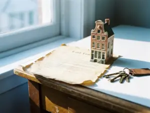 Verouderd erfpachtdocument onder een schaalmodel van een Amsterdams grachtenpand, met sleutels op een wit bureau in warm daglicht.