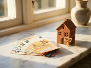 Euro bankbiljetten naast een miniatuurhuisje met verkoopbord op wit marmer, warm goudkleurig licht.