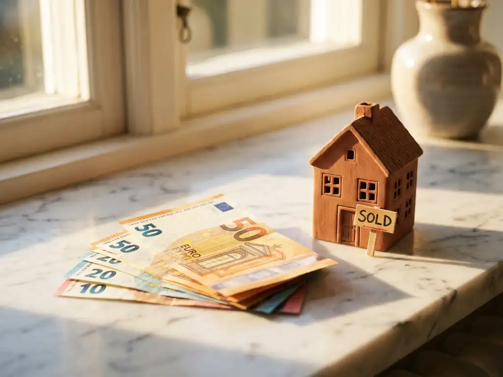 Euro bankbiljetten naast een miniatuurhuisje met verkoopbord op wit marmer, warm goudkleurig licht.