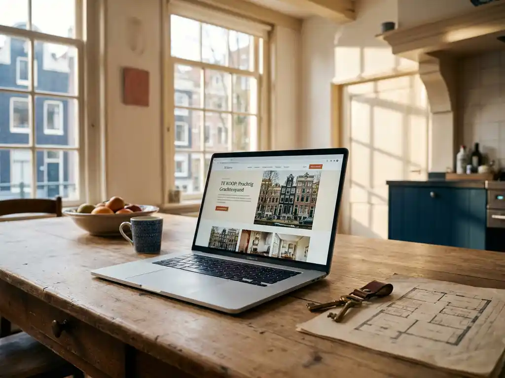Laptop met Nederlandse woningwebsite op keukentafel in Amsterdams grachtenpand, met huissleutels en plattegrond in warm ochtendlicht.