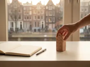 Hand plaatst miniatuur huismodel op wit bureau met notitieboek, Amsterdamse grachtenpanden zichtbaar door zonnig raam op de achtergrond.