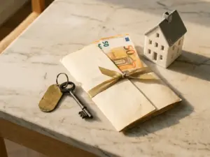 Platte lay van een huissleutel, notariële map, eurobiljetten en miniatuur woonhuis op marmeren bureau in warm middaglicht.