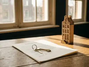 Huissleutels op een getekend koopcontract naast een houten maquette van een Amsterdams grachtenpand, warm middaglicht.