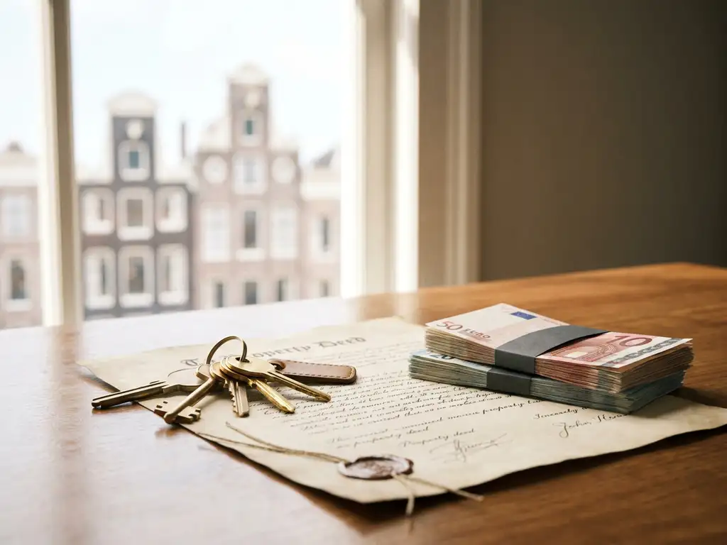 Gepolijste huissleutels op een ondertekende koopakte met eurobiljetten op een notarisbureau, Amsterdams grachtenpand op de achtergrond.