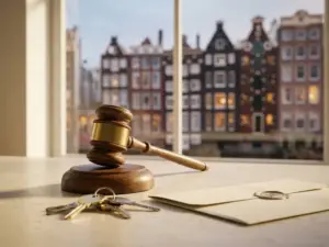 Houten veilinghamer op modern bureau naast huissleutels en eigendomsdocument, met Amsterdamse grachtenpanden op de achtergrond.